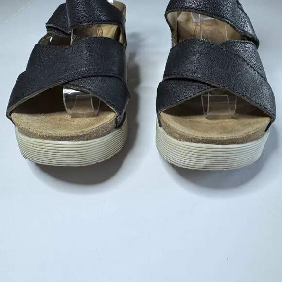 Fly London Womens 37 6.5-7 Wedge Black Leather Gladiator Platform Sandals Shoes