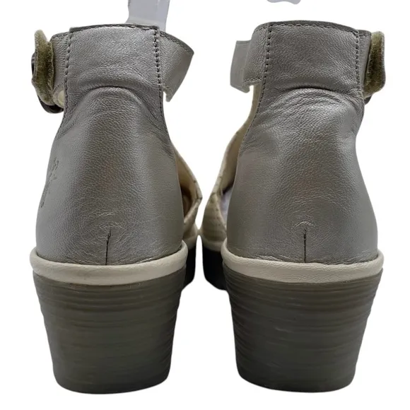 Fly London Womens Shoes Leather Wedge Sandals Sz 8.5 White Silver Leather Chunky