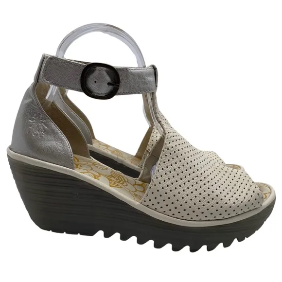 Fly London Womens Shoes Leather Wedge Sandals Sz 8.5 White Silver Leather Chunky