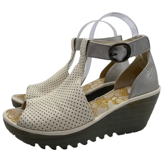 Fly London Womens Shoes Leather Wedge Sandals Sz 8.5 White Silver Leather Chunky