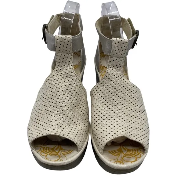 Fly London Womens Shoes Leather Wedge Sandals Sz 8.5 White Silver Leather Chunky