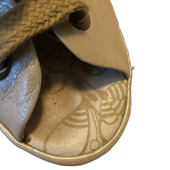 Fly London Yuta Lace Up Gold Shimmer Leather Peep Toe Platform Sandals. Size 6.5