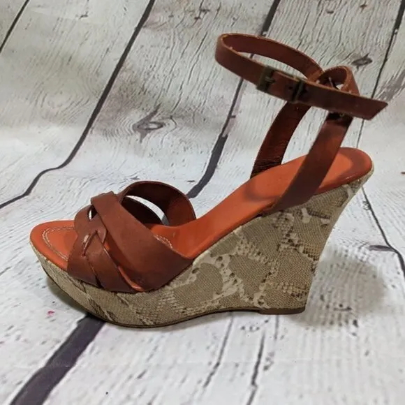 FRANCO BARBIERI Leather Ankle Strap Wedge Sandals Snakeskin 8