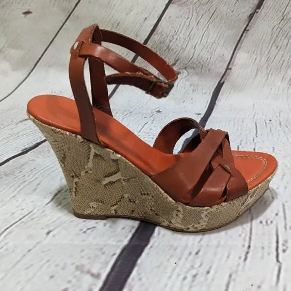 FRANCO BARBIERI Leather Ankle Strap Wedge Sandals Snakeskin 8