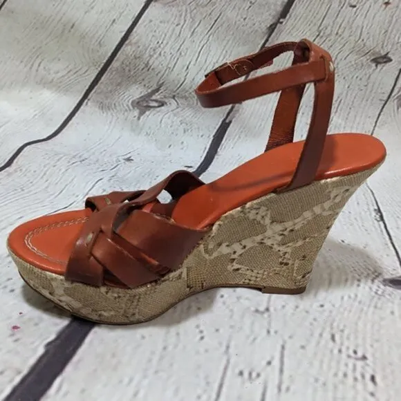 FRANCO BARBIERI Leather Ankle Strap Wedge Sandals Snakeskin 8