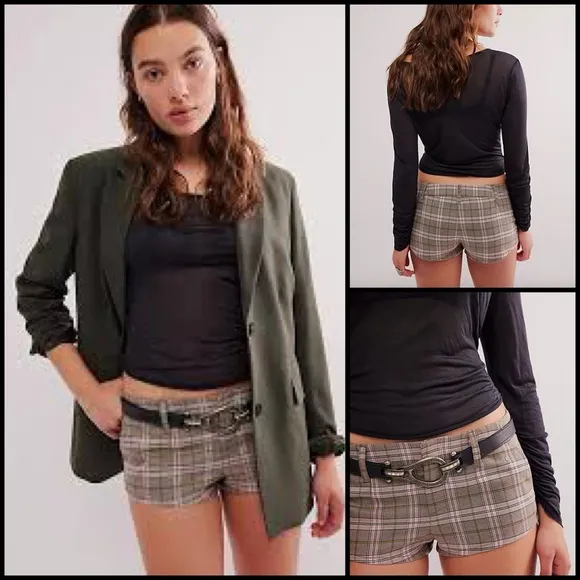 Free People Alessia Menswear Plaid Micro Low Rise Trouser Preppy Shorts Sz 4