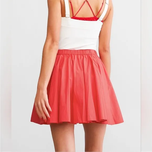 Free People Gaia Pleated Circle Flowy Cotton Mini Skirt in Bella Rosa Red Large
