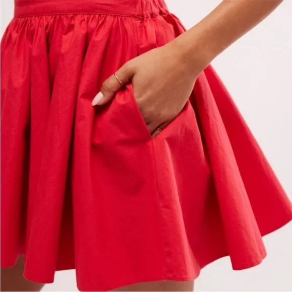 Free People Gaia Pleated Circle Flowy Cotton Mini Skirt in Bella Rosa Red Large