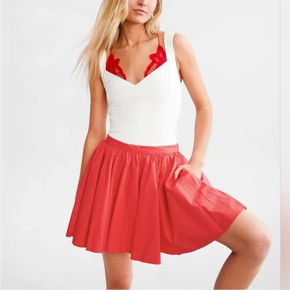 Free People Gaia Pleated Circle Flowy Cotton Mini Skirt in Bella Rosa Red Large