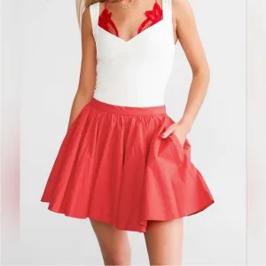 Free People Gaia Pleated Circle Flowy Cotton Mini Skirt in Bella Rosa Red Large