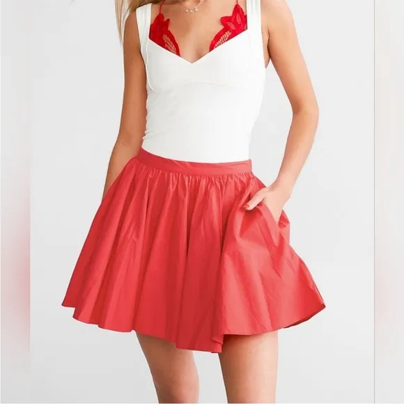 Free People Gaia Pleated Circle Flowy Cotton Mini Skirt in Bella Rosa Red Large