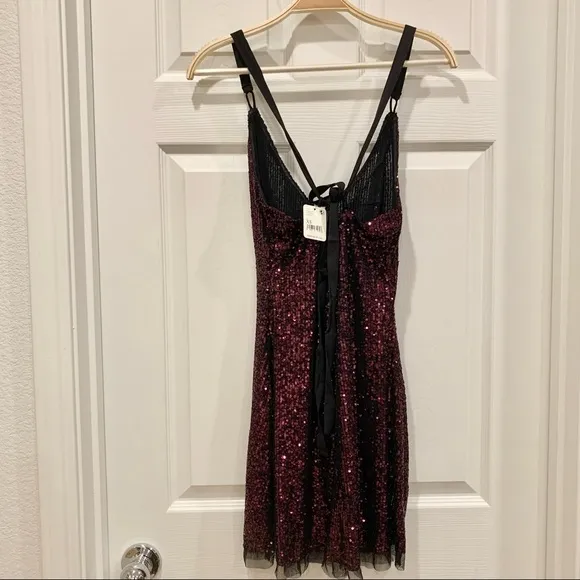 Free People Maroon Plum Gold Rush Sequin Mini Strappy Back Slip Dress