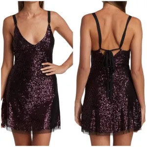 Free People Maroon Plum Gold Rush Sequin Mini Strappy Back Slip Dress