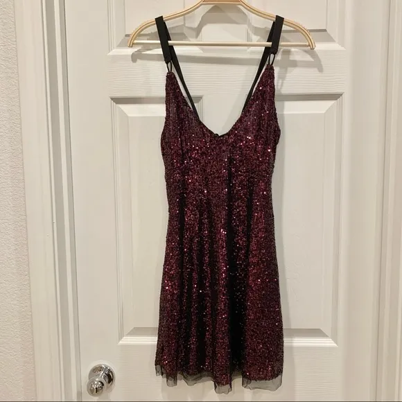 Free People Maroon Plum Gold Rush Sequin Mini Strappy Back Slip Dress