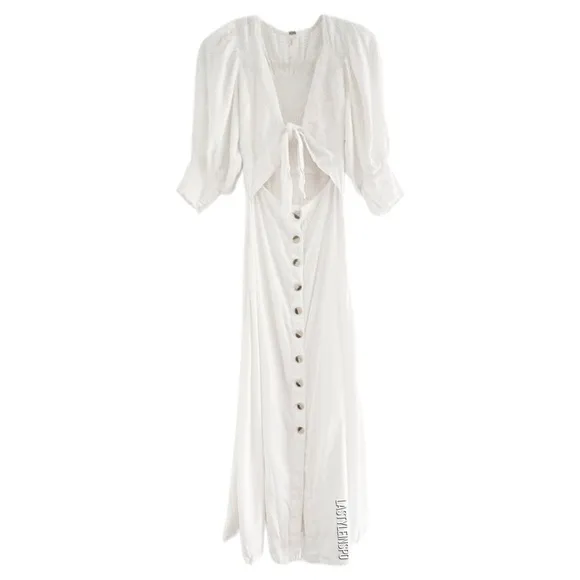 Free People Maxi Dress Cut Out Waist Bohemian Puffed Sleeves White Size XS
