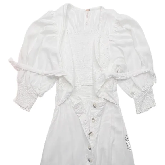Free People Maxi Dress Cut Out Waist Bohemian Puffed Sleeves White Size XS