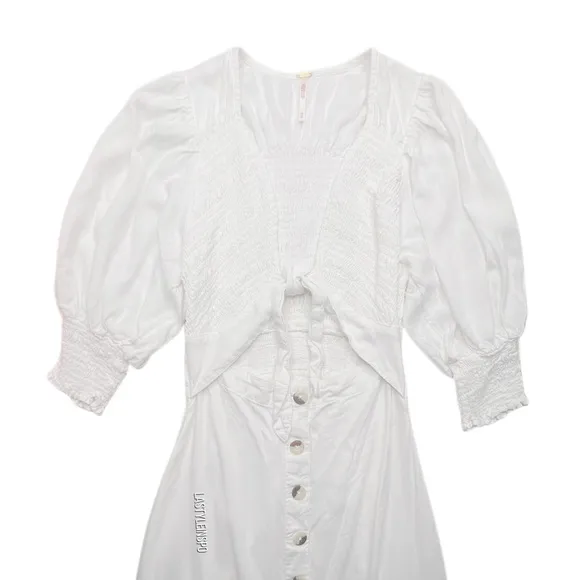 Free People Maxi Dress Cut Out Waist Bohemian Puffed Sleeves White Size XS