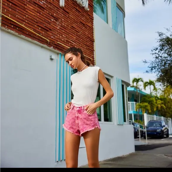 Free People Mixed Emotions High Lo Floral Shorts in Dragonfruit Sorbet size 30