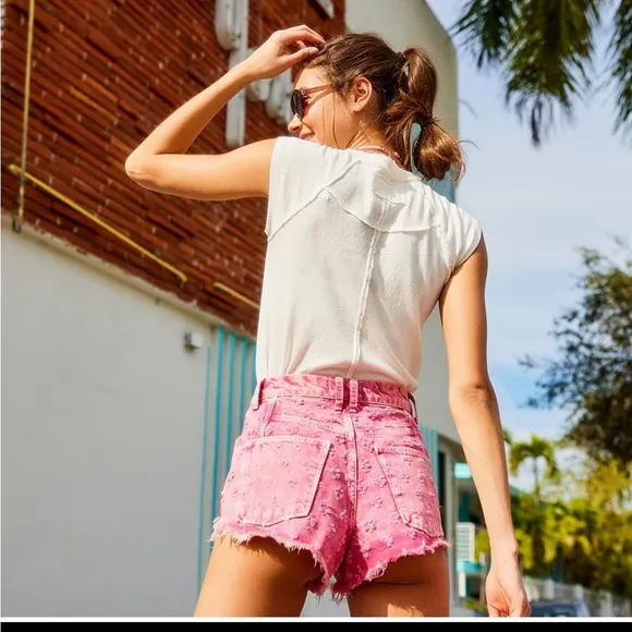 Free People Mixed Emotions High Lo Floral Shorts in Dragonfruit Sorbet size 30