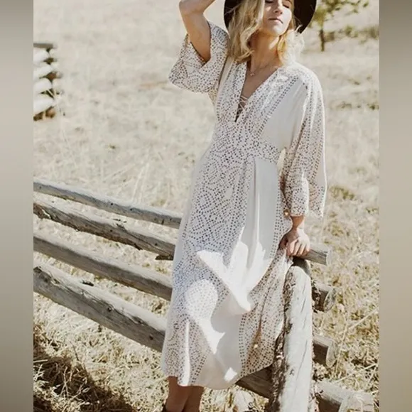Free People Modern Kimono Bohemian Dress sz 6 Pearl Combo