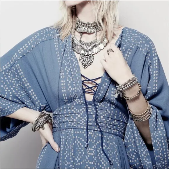 Free People NWT Modern Kimono Maxi Dress Size 0 XS Blue