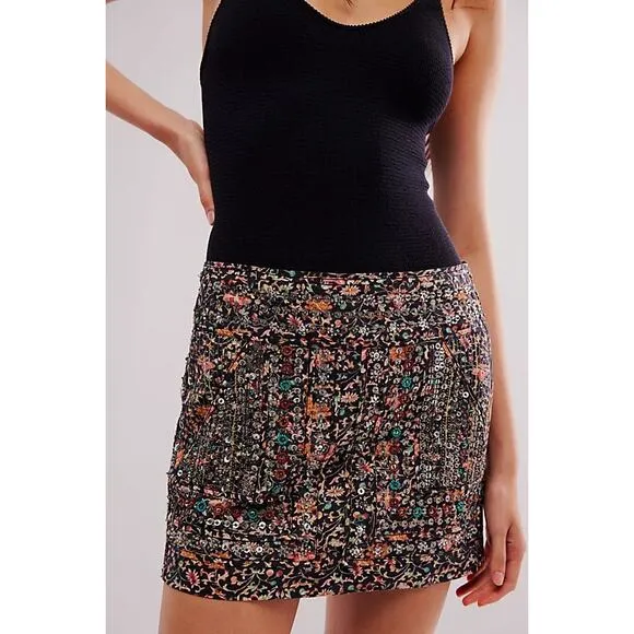 FREE PEOPLE Sequin Embellished Floral Mini Skirt