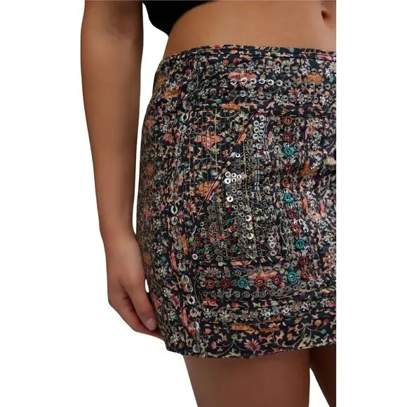 FREE PEOPLE Sequin Embellished Floral Mini Skirt