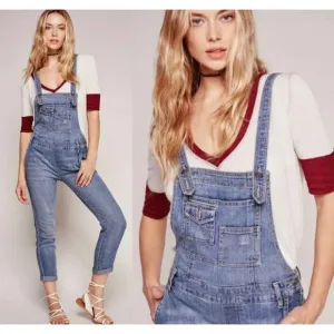 Free People Women's Denim Side Zip Skinny Bib Overalls 27