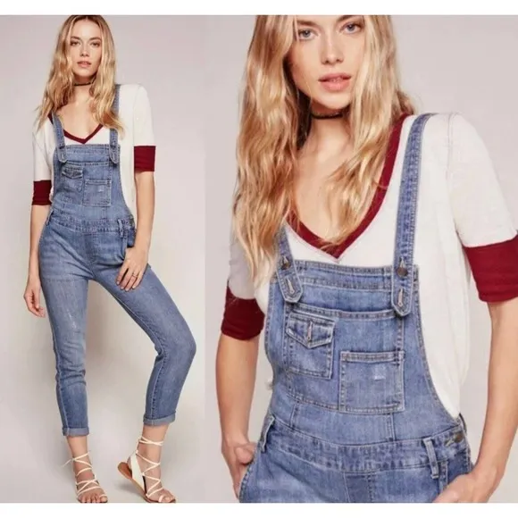 Free People Women's Denim Side Zip Skinny Bib Overalls 27