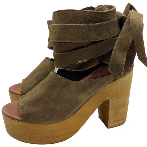 Free People Womens Shoes Touch The Sky Sandals Sz 8.5 Taupe Suede Platform Wrap
