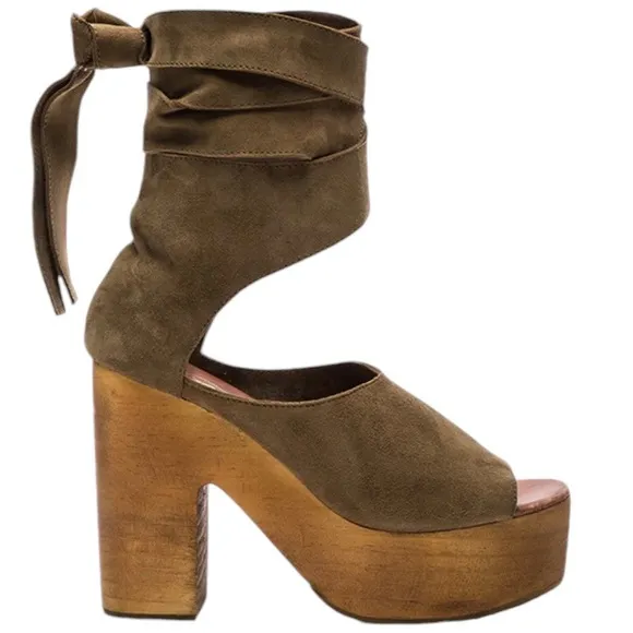 Free People Womens Shoes Touch The Sky Sandals Sz 8.5 Taupe Suede Platform Wrap