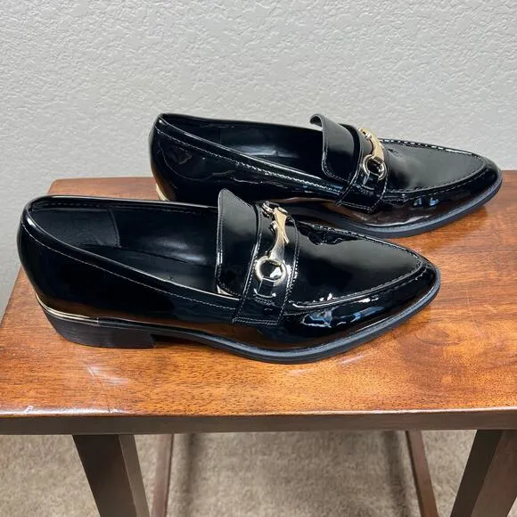 French Connection Tailor Loafers Black Size 8.5 classic shiny golden hardware