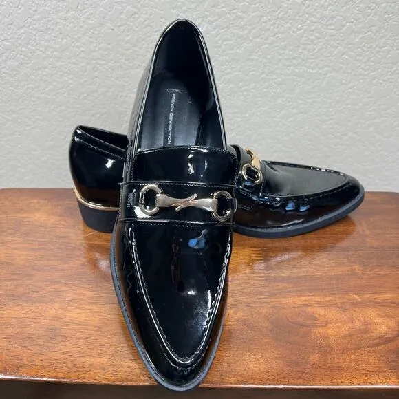 French Connection Tailor Loafers Black Size 8.5 classic shiny golden hardware