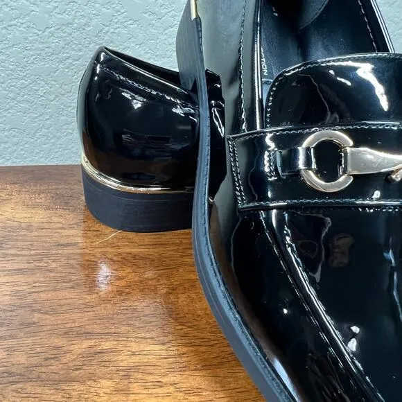 French Connection Tailor Loafers Black Size 8.5 classic shiny golden hardware