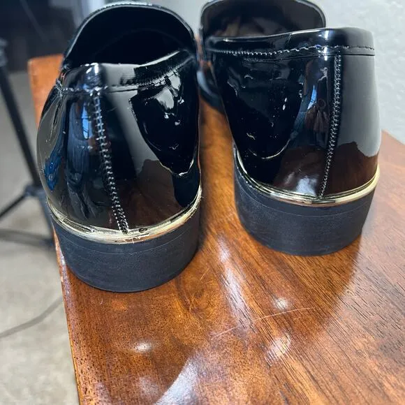 French Connection Tailor Loafers Black Size 8.5 classic shiny golden hardware