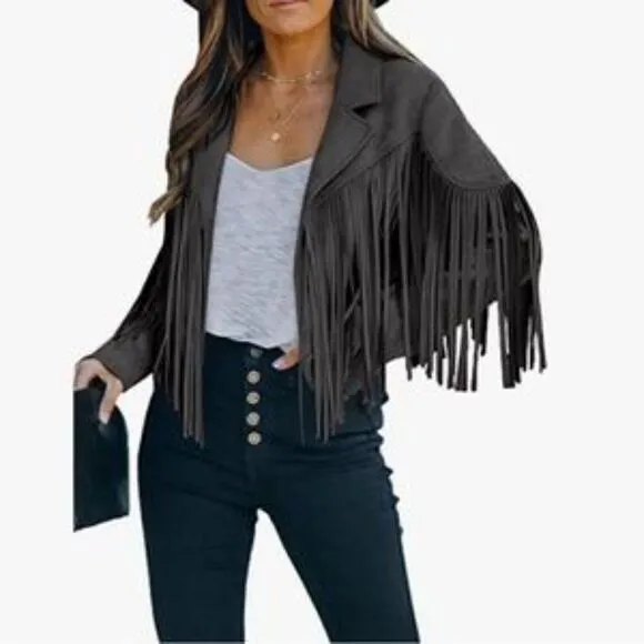 Fringe Cropped Suede Leather Motorcycle Jacket