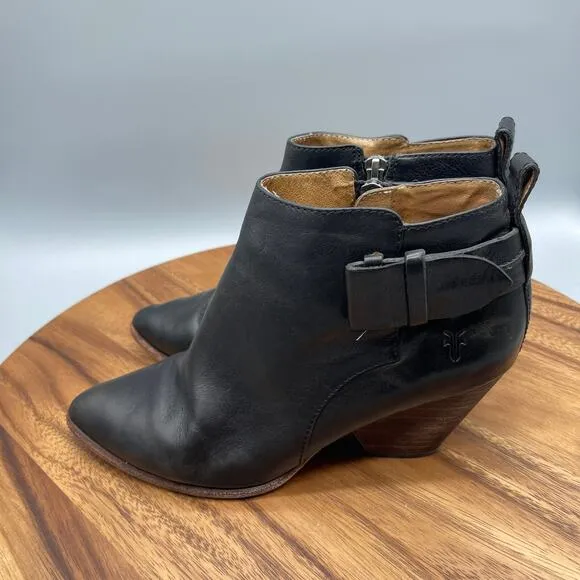 Frye Reina Belt Bootie Boots Womens Size 7.5 M Black Leather Pointed Toe Ankles