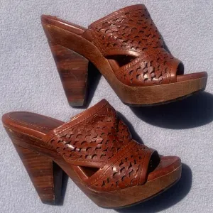 Frye Shoes 7 Sage Laser Cut Slide Leather Platform Stacked Heel Sandal Wood