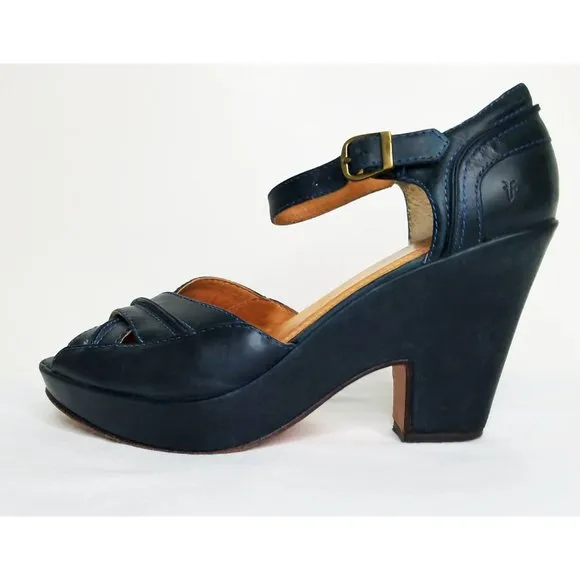 Frye Womens Leather Mary Jane Wedge Heeled Platform Sandals Shoes Forest Green