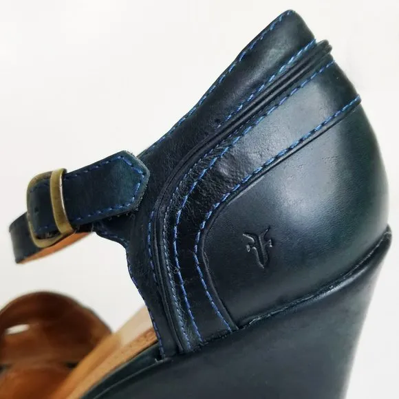 Frye Womens Leather Mary Jane Wedge Heeled Platform Sandals Shoes Forest Green
