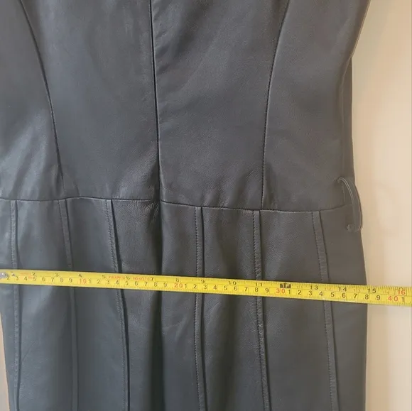 Genuine Black Leather Sleeveless Tank Pleated Belted Dress