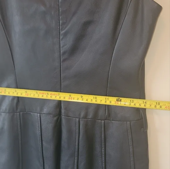 Genuine Black Leather Sleeveless Tank Pleated Belted Dress