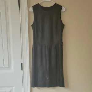 Genuine Black Leather Sleeveless Tank Pleated Belted Dress