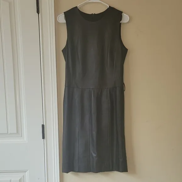 Genuine Black Leather Sleeveless Tank Pleated Belted Dress