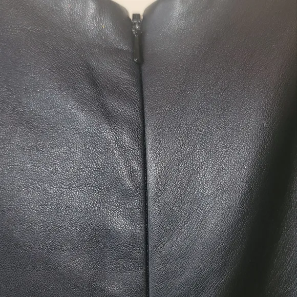 Genuine Black Leather Sleeveless Tank Pleated Belted Dress