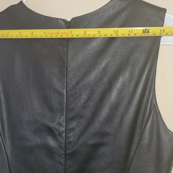 Genuine Black Leather Sleeveless Tank Pleated Belted Dress