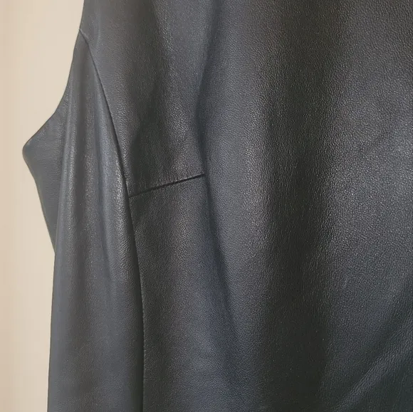 Genuine Black Leather Sleeveless Tank Pleated Belted Dress