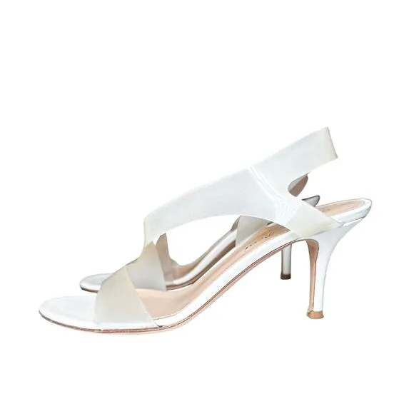 Gianvito Rossi Metropolis White Glass Plexi Ankle Strap Kitten Heels Sandals 37