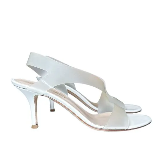 Gianvito Rossi Metropolis White Glass Plexi Ankle Strap Kitten Heels Sandals 37