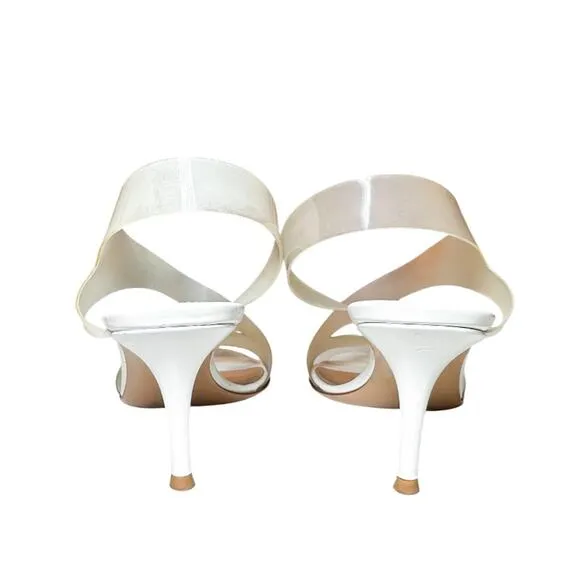 Gianvito Rossi Metropolis White Glass Plexi Ankle Strap Kitten Heels Sandals 37